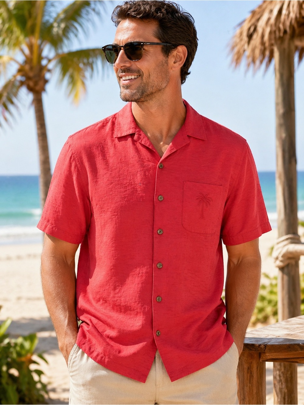 Havana Jack’s Cafe Shirt Mens M Red Hawaiian Camp Shirt Tropical Button Down